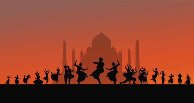 Set of woman dancer silhouette isolated on sun set background.