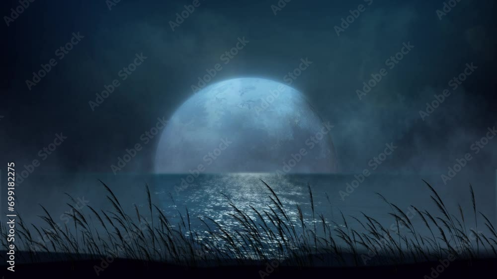 Wall mural beach grass silhouette blowing in the full moon night 4k loop features a scene with an ocean and ful