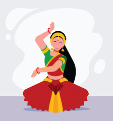 Young  Woman Indian Dancer with Traditional Clothes Performing Folk Dance Vector