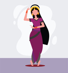 Young  Woman Indian Dancer with Traditional Clothes Performing Folk Dance Vector