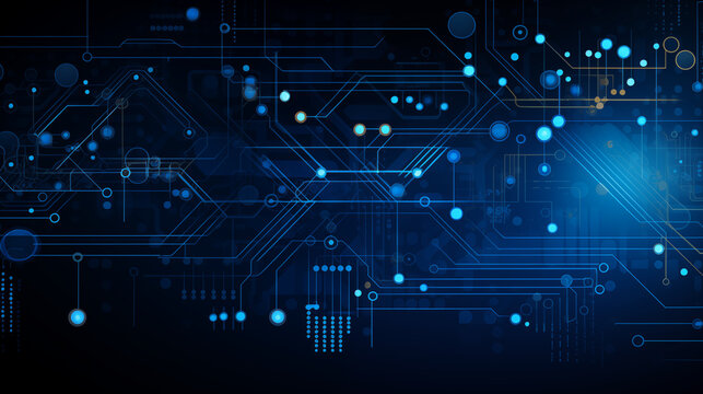 blue tech background with icons and blue wires, Ai generated image.