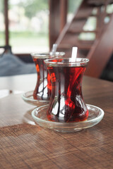 Traditional turkish tea on white table .