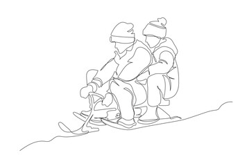 2 boys sliding downhill with 3 ski children snow scooter in winter season. Continuous line drawing. Black and white vector illustration in line art style