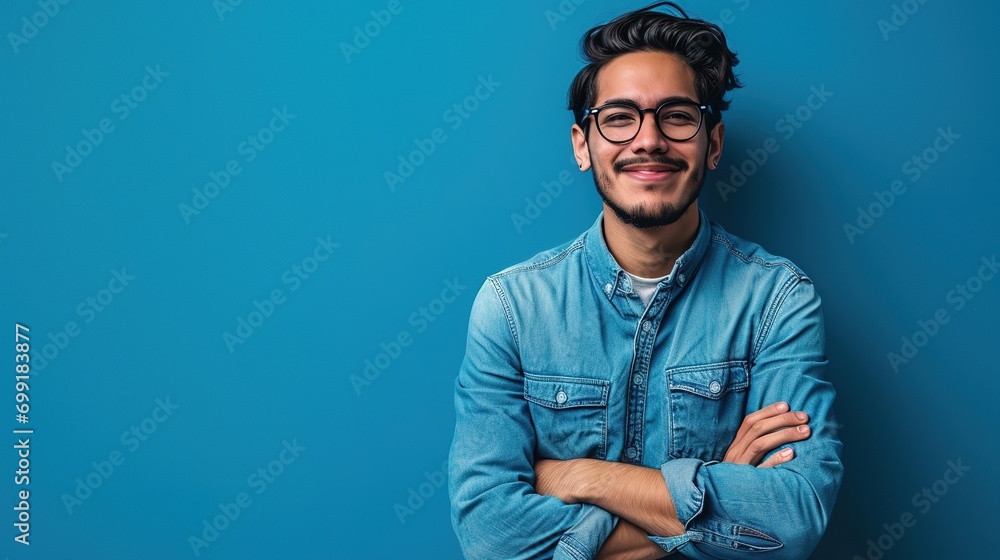 Sticker Young hispanic man wearing blue shirt and glasses, looking at camera with positive confident smile