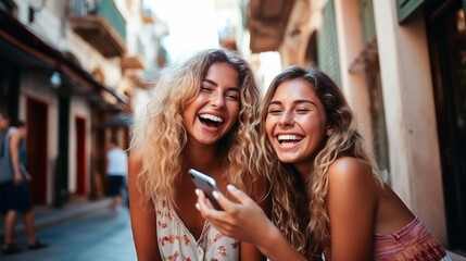 a couple of smiling female friends in their twenties take a selfie outdoors. lesbian couple. LGBT