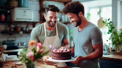 A couple of two 40-year-old gay men are happily cooking together inside a home kitchen full of food products. dress casually during the day
