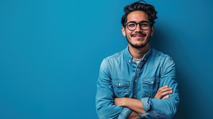Young hispanic man wearing blue shirt and glasses, looking at camera with positive confident smile - obrazy, fototapety, plakaty