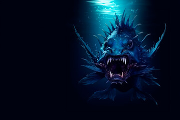 Angler fish on background of dark blue water realistic illustration art. Scary deep-sea fish predator In the depths of the ocean. Place for text. - 699184405
