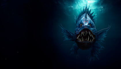 Angler fish on background of dark blue water realistic illustration art. Scary deep-sea fish predator In the depths of the ocean. Place for text.