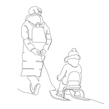 recommend clip art: Woman pulling snow scooter with sitting child in snow winter season. Rear view. Continuous line drawing. Black and white vector in line art style.