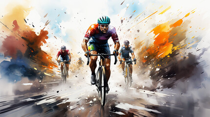 Watercolor abstract illustration of cyclists. Bicycle racers in action during colorful paint splash, isolated on white background. AI generated. - obrazy, fototapety, plakaty