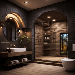 Interior of a modern bathroom, minimalist fixtures and a basin in a dark color