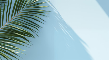 Blurred shadow of palm leaf on the light blue wall. Minimal abstract background, Ai generated image.