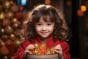 Naklejka premium 7-year-old Chinese girl celebrating a party, holding a bowl full of golden balls