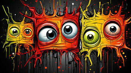 Cute colorful cartoon character with big eyes painted on the wall. AI generated.