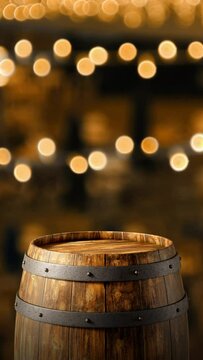 Close view of the top of an old wooden barrel on a defocused background of warm, golden lights floating in the environment. Vertical Format. 3D Rendering