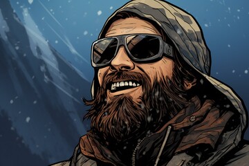 Illustration of a bearded man in a winter jacket and sunglasses