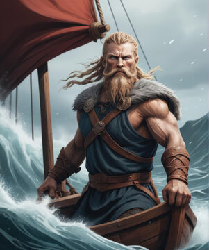 Nordic God Njord Steering a Viking Longship Through Tumultuous Sea Gen AI