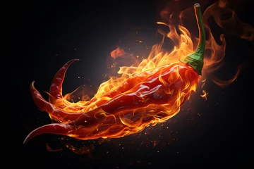Keuken spatwand met foto Carolina Reaper. Fresh red chili pepper in fire as a symbol of burning feeling of spicy food and spices. © Farjana CF- 2969560