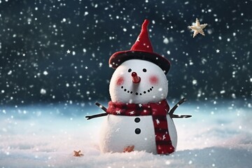 Snowman in red hat and scarf on snow with star and snowflakes