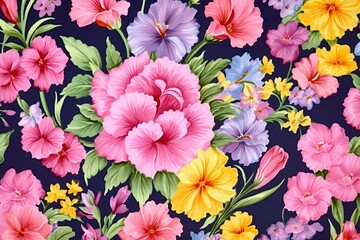 Seamless pattern with colorful hibiscus flowers on dark background