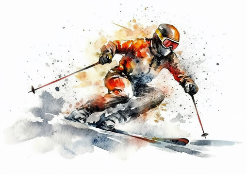 Watercolor abstract illustration of Skiing. Skiing in action during colorful paint splash, isolated on white background. AI generated .