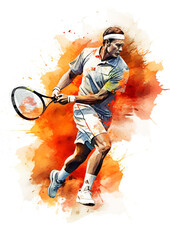 Watercolor abstract illustration of tennis. Male tennis player in action during colorful paint splash, isolated on white background. AI generated.