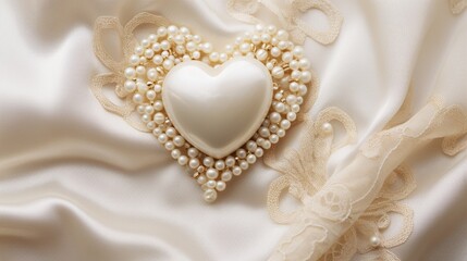 An elegant heart shape designed using pearls and lace, placed on a soft silk fabric.