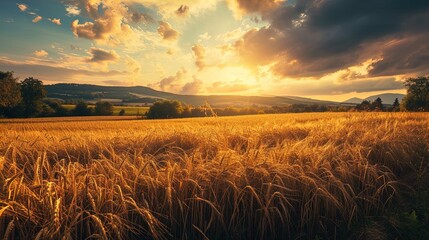 A golden wheat field at sunset or sunrise with a dramatic sky and rolling hills in the background.