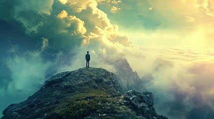 A silhouette of a person standing on a mountain peak, overlooking a sea of clouds under a golden...