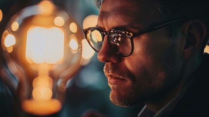 The image shows a close-up profile of a man looking to the side. He has stubble on his chin and is wearing large, stylish eyeglasses which reflect the warm glowing light of a nearby bulb. The lighting - obrazy, fototapety, plakaty