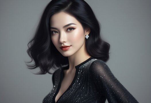 Fashion portrait of beautiful asian woman with evening make-up and hairstyle