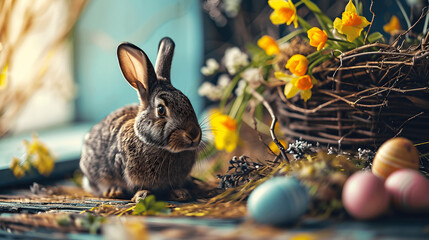Fototapeta na wymiar n inquisitive rabbit, surrounded by the bounty of spring – a nest of Easter eggs and blooming flowers – creates a charming scene that captures the essence of the season's renewal and hope.