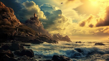 A lighthouse sitting on a cliff overlooking a rough sea with birds flying and a sunset in the...