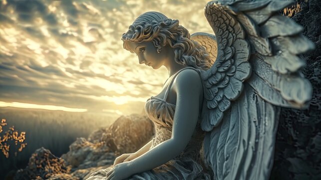 The image depicts a statue of an angel, with a serene and contemplative expression, sitting against a backdrop of a dramatic sky at sunset or sunrise. The lighting of the scene highlights the intricat