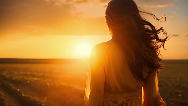 A woman stands in a desolate field the sun slowly setting in the horizon casting its yelloworange light across her thoughtful face.