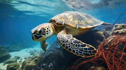 sea turtle entangled in discarded fishing nets, representing ocean pollution generative ai