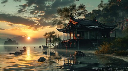 A serene sunset scene with a traditional Asian pavilion by a lake, surrounded by nature and a mountainous backdrop. - obrazy, fototapety, plakaty