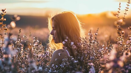 Young woman enjoying a peaceful moment in a wildflower field at sunset, with the golden light illuminating the scene.