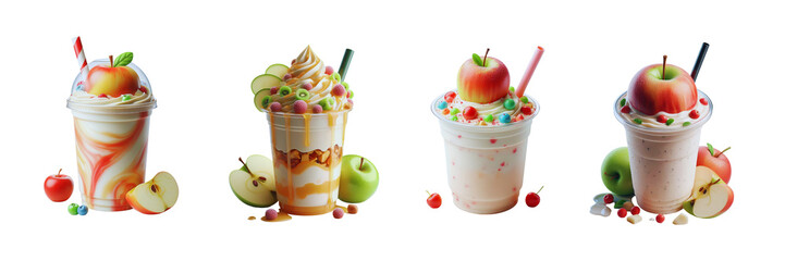 Collection Set of Apple milkshake on plastic cup, isolated over on transparent white background.