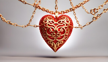 Hanging 3d red love heart covered with golden ornamental frame