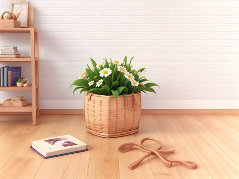 A basket with flowers and books on the floor 3d render