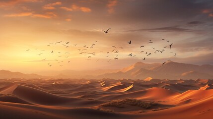 Birds migrating over a vast desert, their shadows dancing on the dunes below.