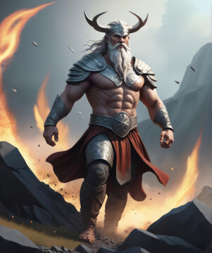 Vibrant 3D Illustration of Baldur, the Nordic God, Standing Unharmed in a Dynamic Action Scene Gen AI