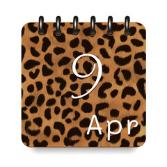 9 day of the month. April. Leopard print calendar daily icon. White letters. Date day week Sunday, Monday, Tuesday, Wednesday, Thursday, Friday, Saturday. White background. Vector illustration.