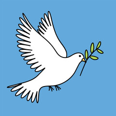 Dove of peace with branch. Fly peace dove in doodle style outline isolated on blue background. Hand drawn vector art.