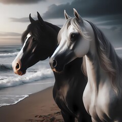portrait of two black and white arabian mares at the beach,generated ia