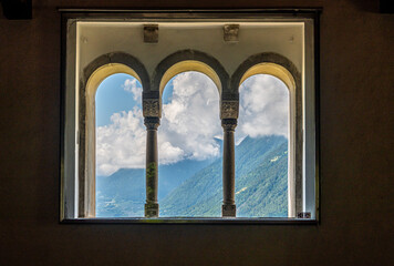 triple lancet window of Tyrol Castle in South Tyrol near Merano, Bolzano province,Trentino Alto Adige,italy