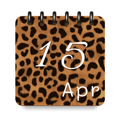 15 day of the month. April. Leopard print calendar daily icon. White letters. Date day week Sunday, Monday, Tuesday, Wednesday, Thursday, Friday, Saturday. White background. Vector illustration.