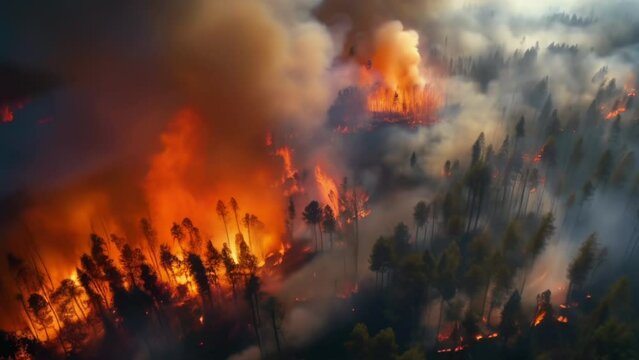 Forest fire from a bird's eye view. Terrifying natural disaster concept. High quality 4k footage
